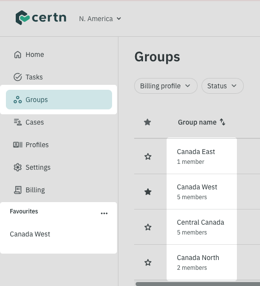 A cropped image of the Groups page is shown. The Groups button and Favourites section of the main navigation are highlighted. The names of groups listed on the Groups are also highlighted.