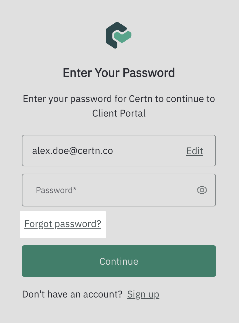 CertnCentric’s login page is shown and the Forgot password? link below the Password field is highlighted.